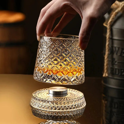 Rotating Whisky Glasses with Glass Base 360 Rotate Degrees Crystal Rum Glass for Cocktail Party Drinking