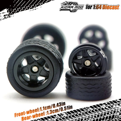 1/64 Model Car Wheels with Rubber Detachable Tires Pentagram Spoke Refitting Parts for Matchbox D:11mm+13mm 1 Set
