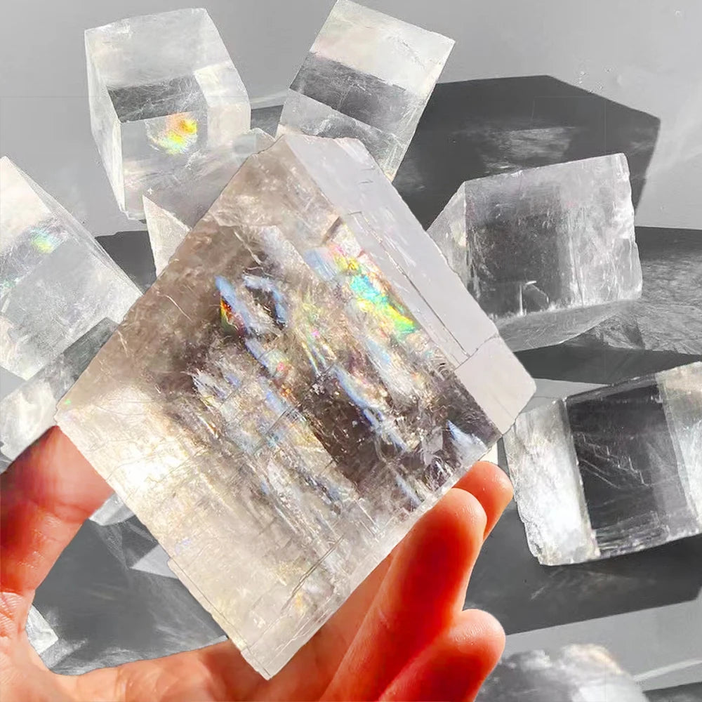 Natural Crystal White Calcite Raw Stone Ornament Mineral Crystal Specimen Rainbow Color Calcite Cube Home Decoration