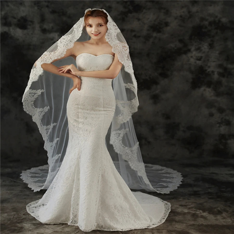 New Arrival White Ivory Edge Lace Bridal veil 3 Meter Long Cathedral Wedding veils 2026 Boda velo de novias