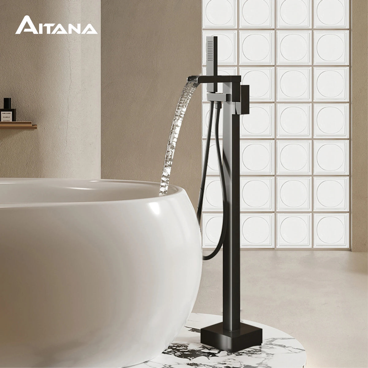 AITANA Luxury Black Brass Floor Standing Bathroom Faucet with Waterfall Water Outlet Design, Hot and Cold Bathtub Mixer