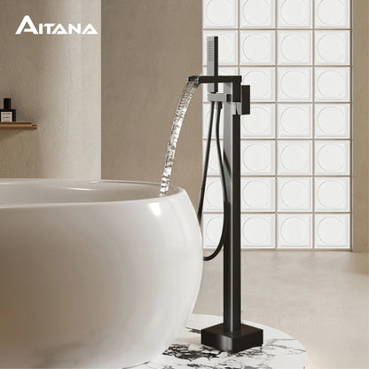 AITANA Luxury Black Brass Floor Standing Bathroom Faucet with Waterfall Water Outlet Design, Hot and Cold Bathtub Mixer