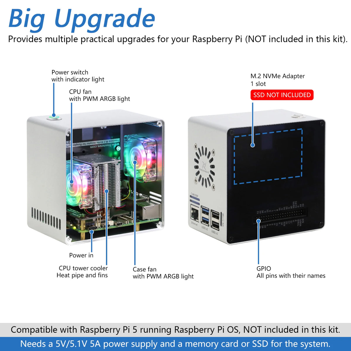 Freenove Raspberry Pi 5 Case Mini, 1/2 M.2 NVMe SSD Slots, PWM ARGB Fans Light Sync, Tower Cooler, Power Button, Setup Software