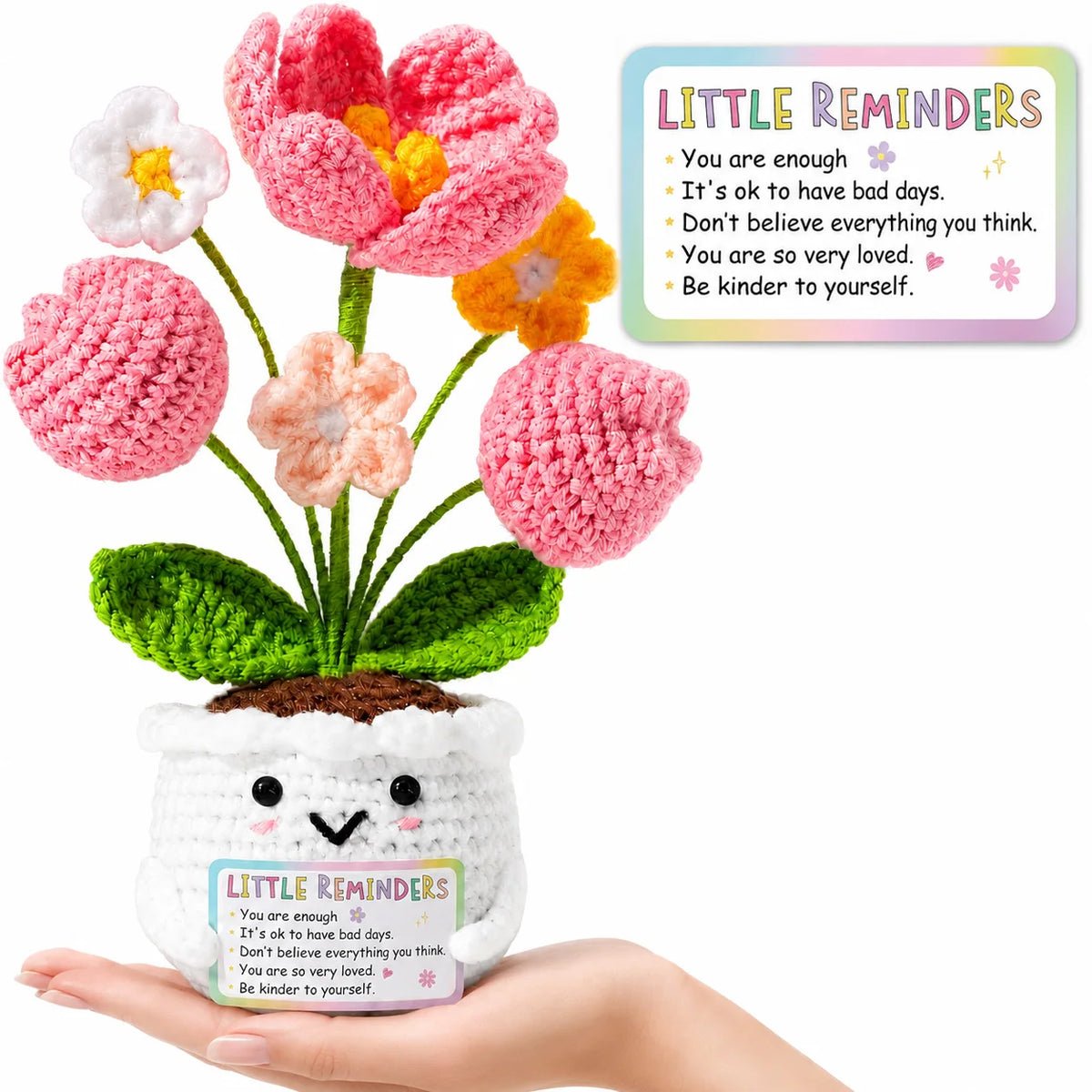 Positive Crochet Handmade Amigurumi Doll Emotional Support Pocket Hug Knit Plant Flower Encouragement Gift for Friends Coworker