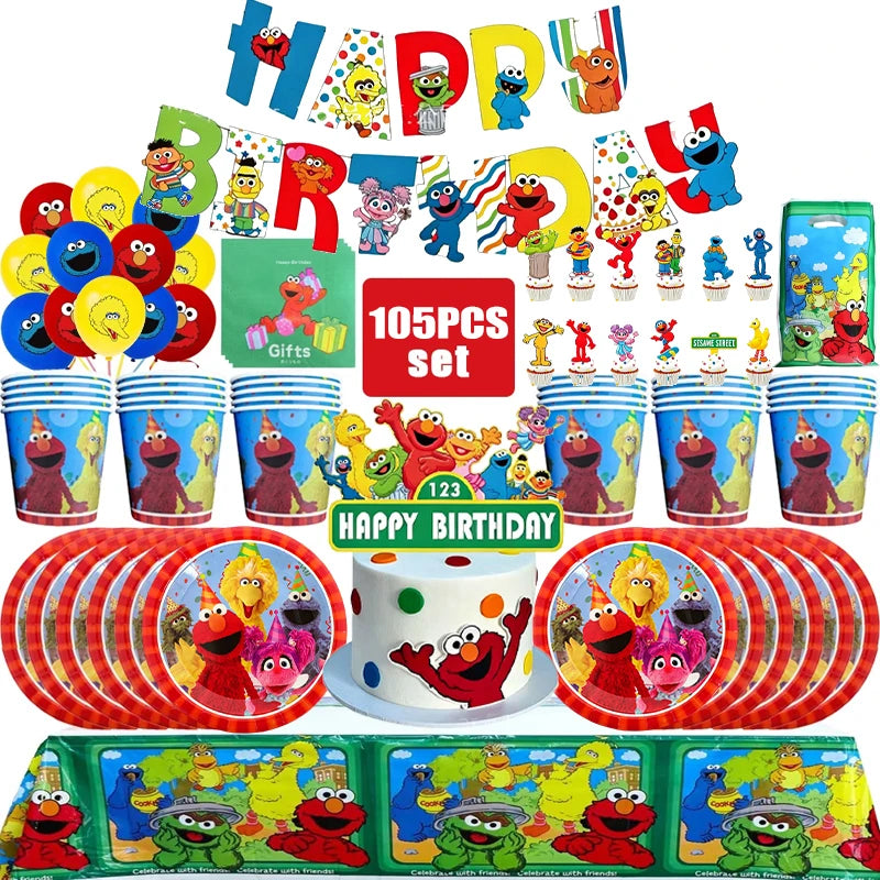 Birthday Party Decoration Set Supplies Cartoon Sesame Streets Birthday Party Supplies Tableware Balloon Cake Topper Banner Plate