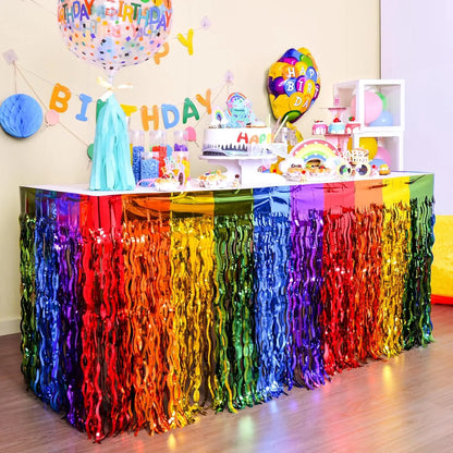 Rainbow Wavy Table Skirt Rainbow Metallic Foil Tinsel Table Skirts for Birthday Wedding Engagement Bridal Shower Party Supplies