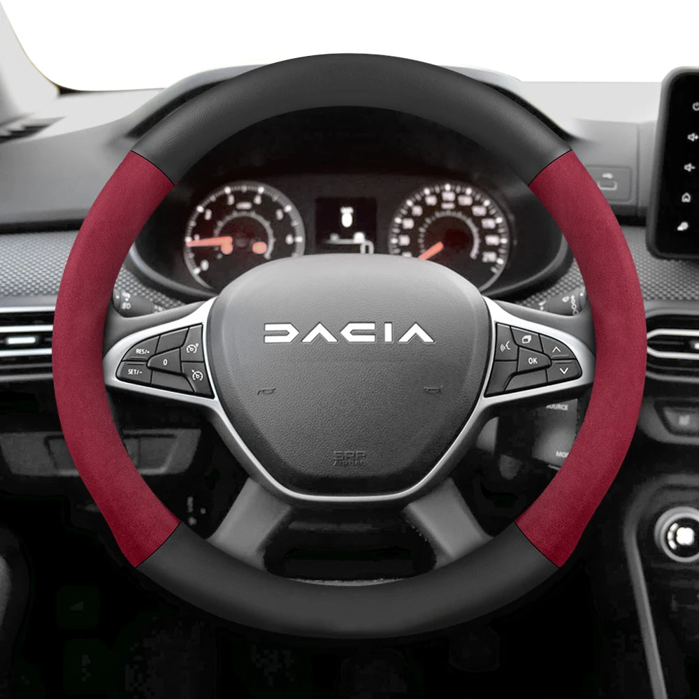 Suitable for Dacia Suede Matte Carbon Fiber Texture Steering Wheel Cover, Suitable for Models Such as Sandero Stepway, Duster, Jogger, Bigster, Spring, Electric, Cargo, Logan, Etc., Black Mocha Car Accessories