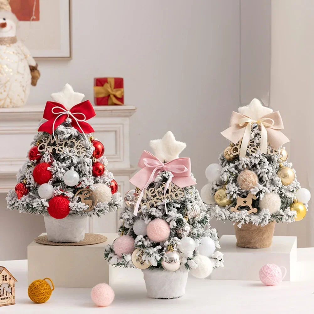 2025 Mini Flocking Christmas Tree with Golden Red Ball Led Lights Desktop New Year Home Christmas Decorations