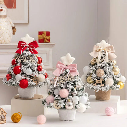2025 Mini Flocking Christmas Tree with Golden Red Ball Led Lights Desktop New Year Home Christmas Decorations
