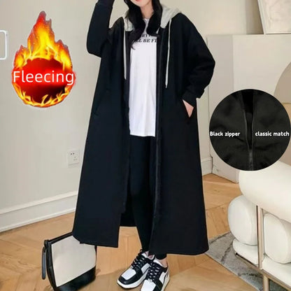 Plus Size Hooded Zip-Up Long Coat Winter Thick Hoodie Fleece Women's Oversize Jacket Casual Black Outerwear Patchwork All-match