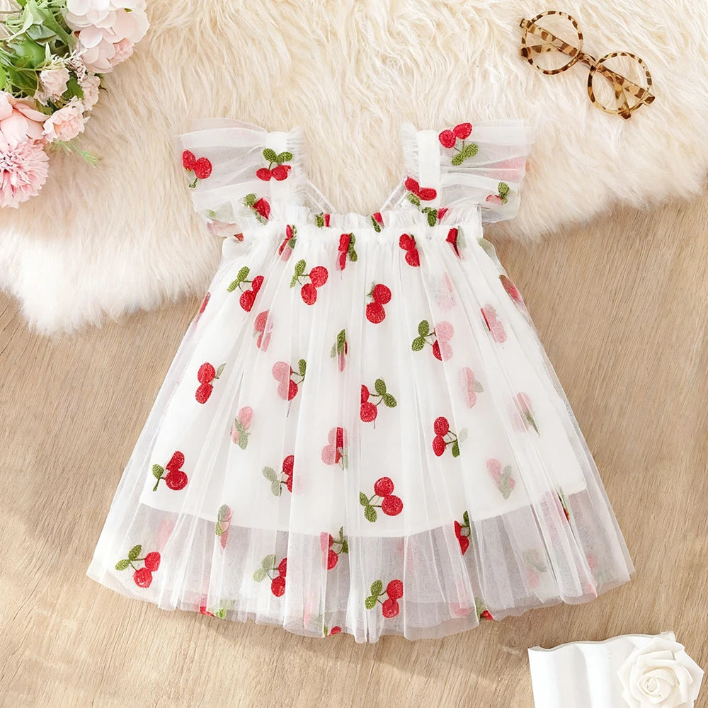 Baby Girl Dress Summer Mesh Cherry Girl Dress Cute Back Wings Wedding Flower Girl Dress Baby Girl Clothing