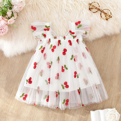 Baby Girl Dress Summer Mesh Cherry Girl Dress Cute Back Wings Wedding Flower Girl Dress Baby Girl Clothing