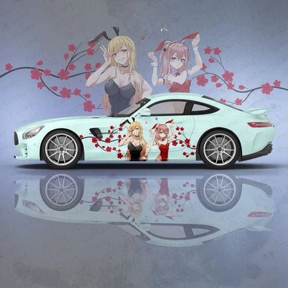 My Dress-Up Darling itasha car body stickers featuring anime characters and floral design on a sleek car side.