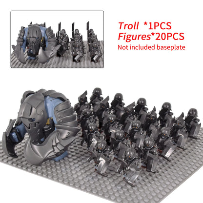 Orc Warrior Block Figures Set, Giant Troll Monster + 20Pcs Armored Soldier Models, Fantasy Army Building Bricks, Detailed Armor