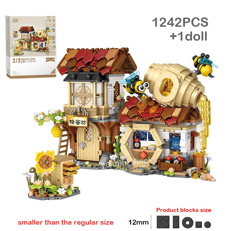 LOZ New Creative Mini Street View Bee Shop Building Block DIY Chinese Folding StreetView Pork Shop Puzzle Toys Birthday Gift