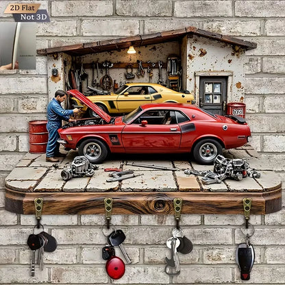 2D Flat Classic Muscle Car Garage Key Holder, 4 Hooks Wooden Wall Mount, Retro Mechanic Print Key Rack for Men