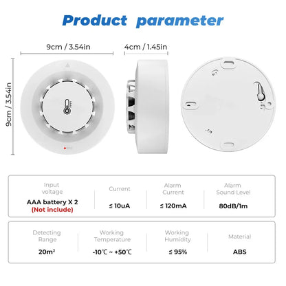 Tuya Wifi BT Two Connection Smoke Detector Temperature Humidity Measurement Device 80dB Sound Alarm Remote Push Alert Function