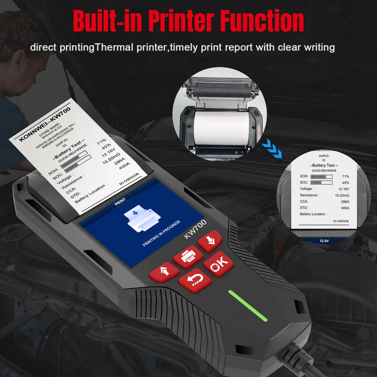 2026 KONNWEI KW700 12V/24V Car Battery Tester With Print Function Cranking Charging Test Tool SupportAGM/EFB/GEL/Lithium Battery