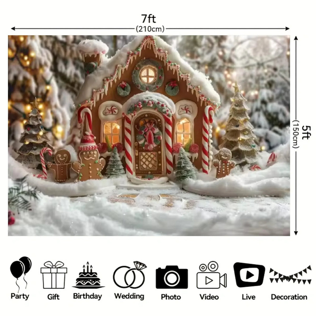 Gingerbread House Christmas Hanging Cloth: Sweet Ginger Man & Christmas Fairy Tale with Dreamy Snow Scenery Background cloth