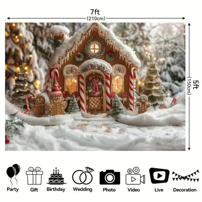 Gingerbread House Christmas Hanging Cloth: Sweet Ginger Man & Christmas Fairy Tale with Dreamy Snow Scenery Background cloth