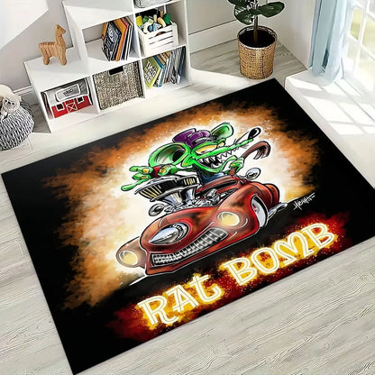 3D Rebellious RAT FINK Cars Sign Cartoon Rug for Bedroom Living Room Sofa Home Doormat Decor, Large Kids Play Non-slip Floor Mat
