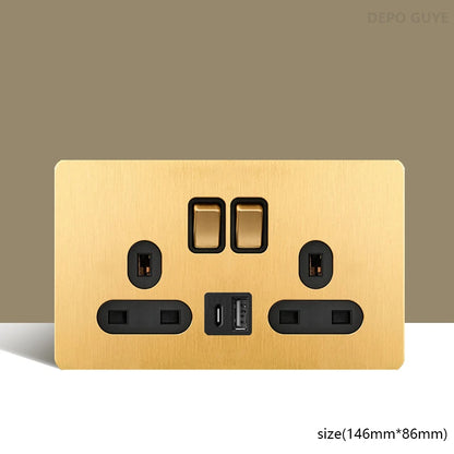 Retro Wall Light Toggle Switch Dual EU FR Socket Gold Stainless Steel Brushed Panel  Vintage Brass Lever For Home Improvement