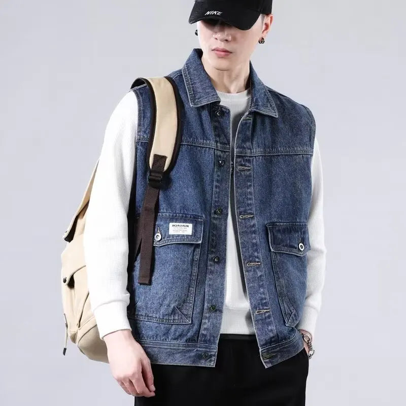 Spring Vintage Design Mens Denim Vest Male Retro Sleeveless Jackets Men Ripped Hole Button Jean Waistcoats Clothing 4XL
