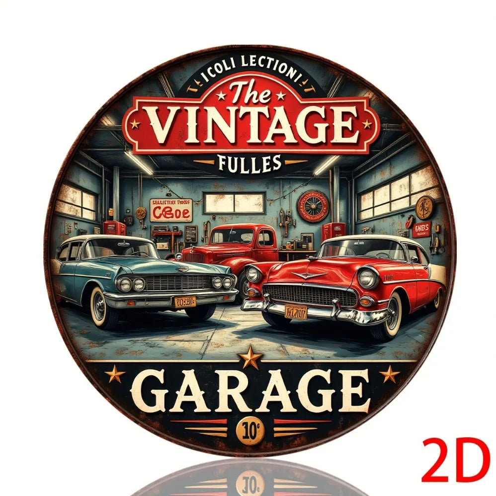 Vintage Retro Garage Aluminum Round Wall Plaque: 2D Flat Metal Sign with Classic Cars & Tools Design – for Bars, Cafes,