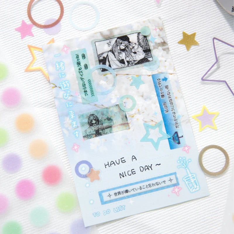 50mm * 2m Kawaii Sparkling Sand Circle Star Basic Decoration Die Cutting Sticker Tape DIY Diary Album Scrapbooking Material
