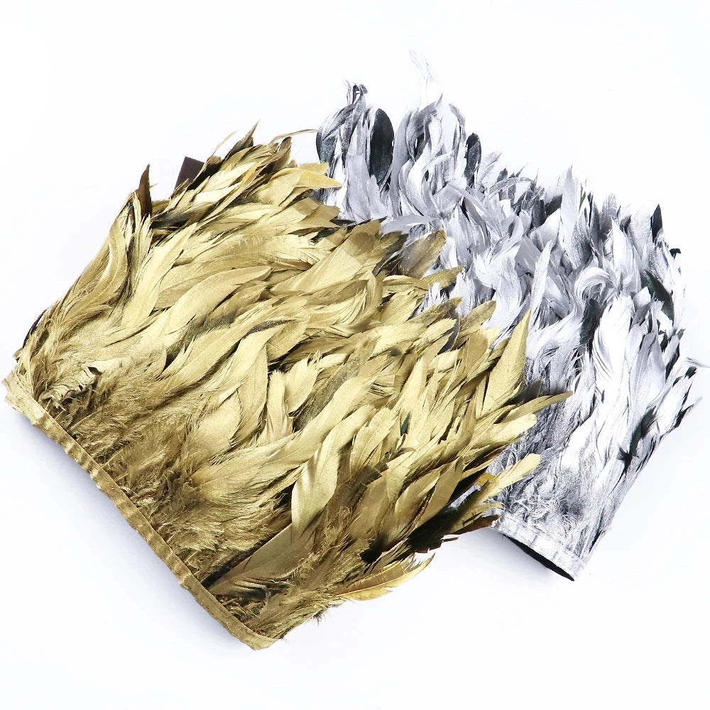 1 Meter Gold Rooster Feather Trim 15-20cm Natural Silver Feathers for DIY Wedding Plumes Dress/Skirt Sewing Accessories Ribbon