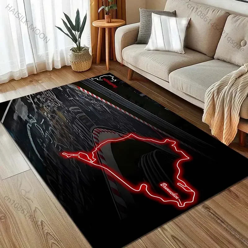 Race Track Inspired Area Rug – F1 Style Circuit Carpet for Living Room & Bedroom, Non-Slip Washable Large Floor Mat