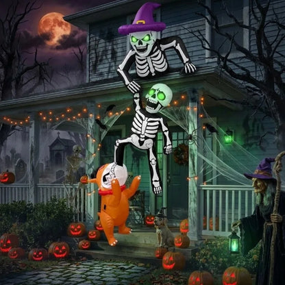 8FT Outdoor Inflatable Halloween Decoration Skeleton with Dog Biting Climbing Design for Patios Rooftops And Parties