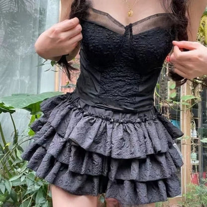 Sweet Cool Kawaii Y2K Puff Mini Skirt Women's Plaid High-Waist Lace Patchwork Bow Casual Dating Skirt  Lolita School Performance
