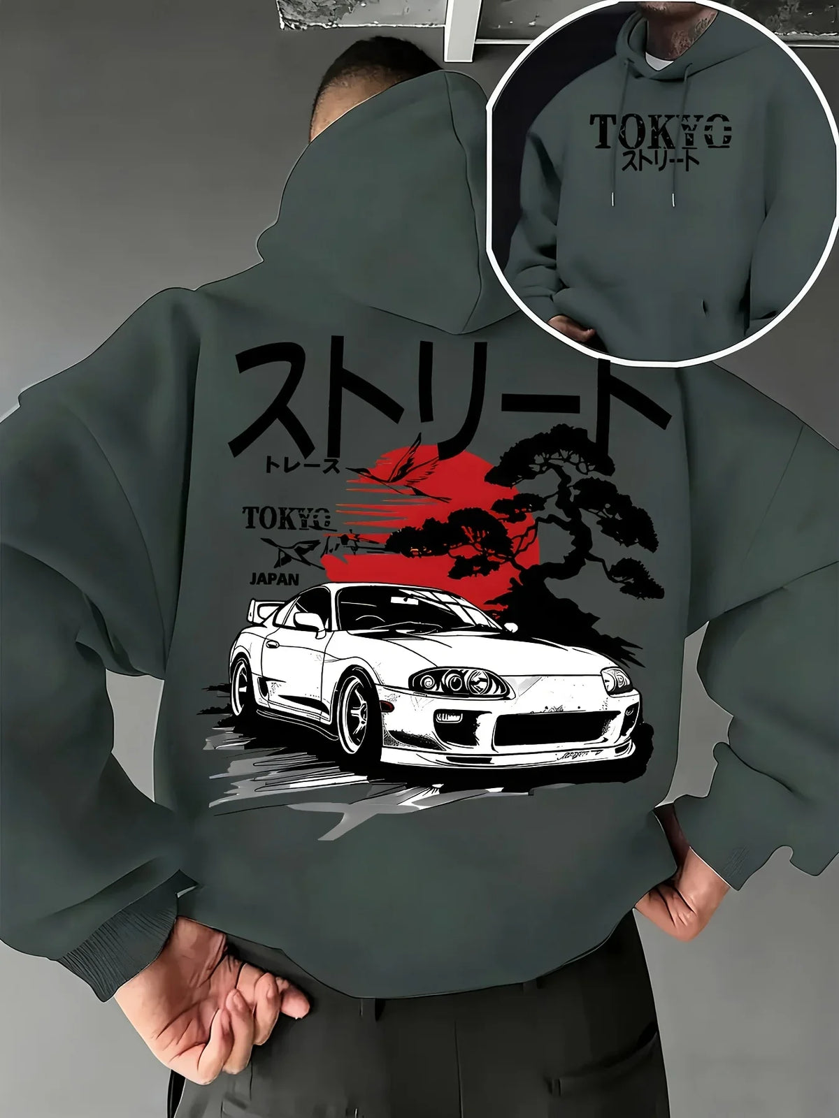 Men Oversized Hoodie JDM Supra Car TOKYO Japan Bonsai Sun Print Pullover Sweatshirt Autumn Winter Japanese Harajuku Street Tops