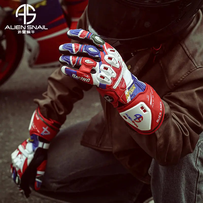 ALIEN SNAIL Motorcycle Racing Gloves Full‑Finger Protective Cowhide TPR Anti‑fall Riding Gloves for Men Women Motorcross Guantes