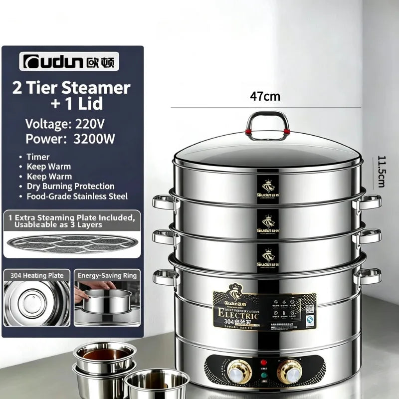 Composite Bottom 48CM Large Electric Food Steamers Thickened Healthy Cooker with Anti-Dry Burn for Home Commercial Kitchen 220V