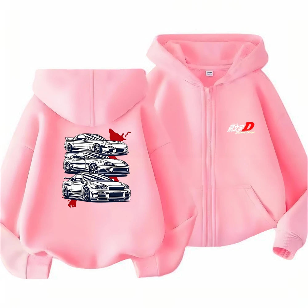 Children Age 3-12 Hoodies Zipper Cardigan Tops Boy Black Girls Pink Leisure Coat Long Sleeve Hooded Japanese Manga Racing Movie