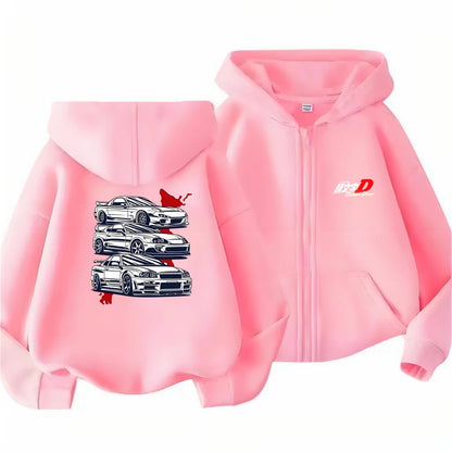 Children Age 3-12 Hoodies Zipper Cardigan Tops Boy Black Girls Pink Leisure Coat Long Sleeve Hooded Japanese Manga Racing Movie