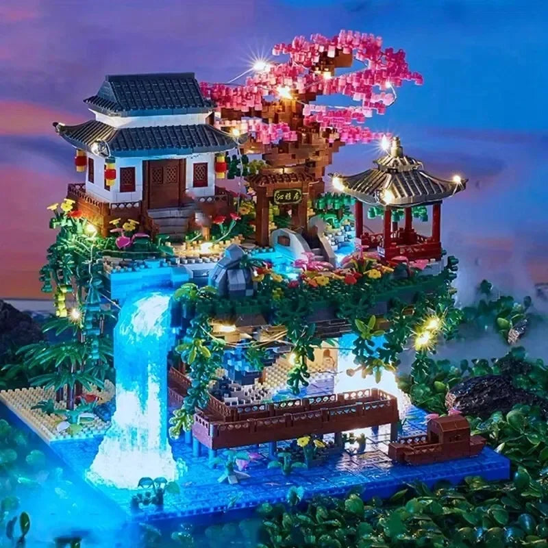 MOC Peach Blossom Pool Cherry Tree House Building Block Chinese Architecture DIY Bricks Cherry Blossom Toy for Kids Adult Gift