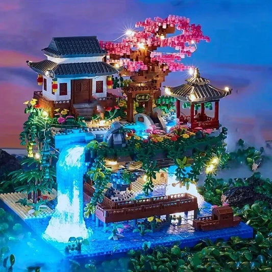 MOC Peach Blossom Pool Cherry Tree House Building Block Chinese Architecture DIY Bricks Cherry Blossom Toy for Kids Adult Gift