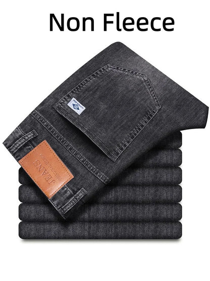 Men's Winter Fleece Thicken Lightweight Business Straight Leg Jeans Solid Color Versatile Slight Elastic Long Pants