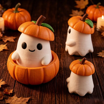Set Includes Pumpkin Base, Ghost & Hat, Creative 3D Printed Halloween Pumpkin Elf Decor, Desktop Ornament for Holiday Scene, Hom