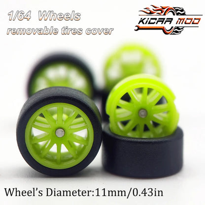 1/64 RLC Premium Wheels with Rubber Slick Tires for 10 Spokes Model Car Refitting Parts D:11mm (1 Set)
