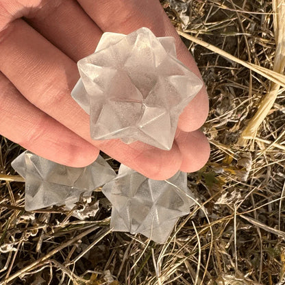One high-quality white crystal Merkabah - hand-polished geometric mineral specimen, a spiritual meditation altar decoration