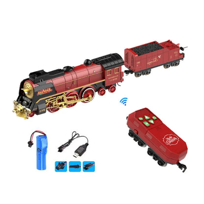 Simulation Train Remote Control Vintage Steam Train Track Accessories Spray Electric Train Carriages Locomotive Boys Toy