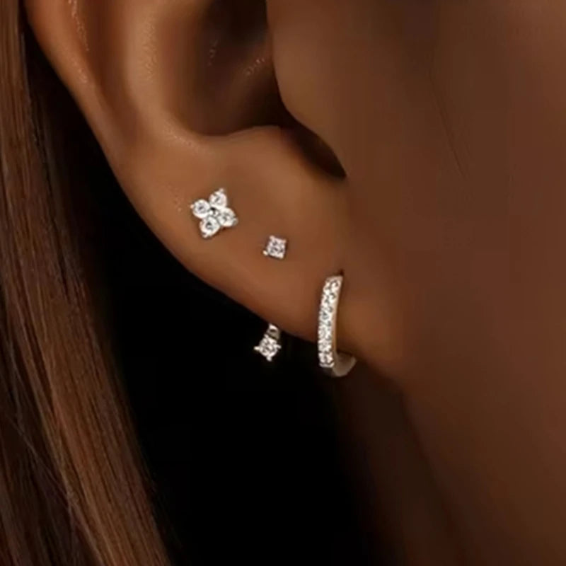 3PCS Stainless Steel Gold Color Circle Hoop Earrings Set for Women Simple Zircon Flower Stud Earring Cartilage Piercing Jewelry