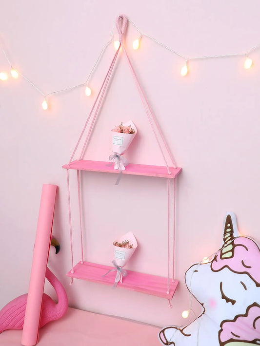 1/2-Tier Pink Hemp Rope Wooden Plant Flower Pot Tray Display Stand Storage Rack Wall Shelves Floating Wall Shelf Home Decoration