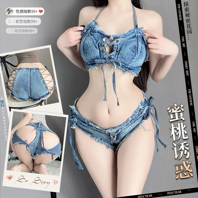 Sexy Low-rise Open Crotch Shorts Bodysuit with Distressed Denim Nightclub Lingerie Set