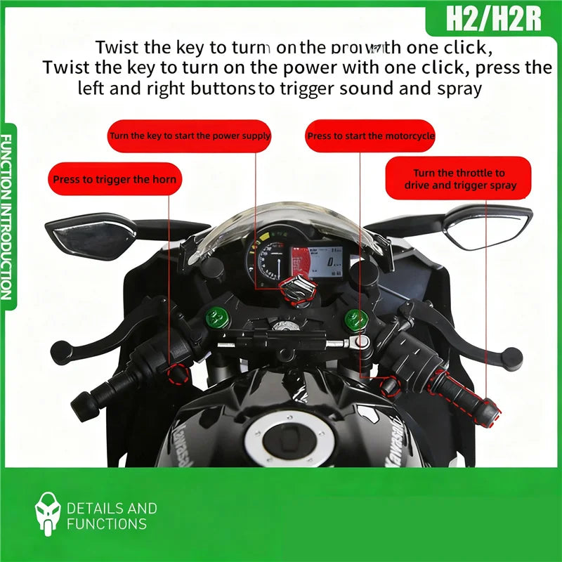 Key Start 1:9 H2 H2R Alloy Sports Motorcycle Model Diecast Track Racing Motorcycle Model With Spray Sound and Light Kid Toy Gift