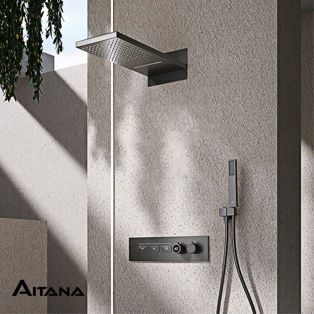 Luxury intelligent digital display brass shower system Black wall mounted design Dual control of cold & hot Hidden bathroom Tap